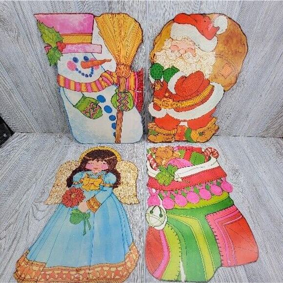 Vintage Christmas Diecut 2 Sided Wall Window Snowman Angel Santa Stocking 4pc - Picture 1 of 11